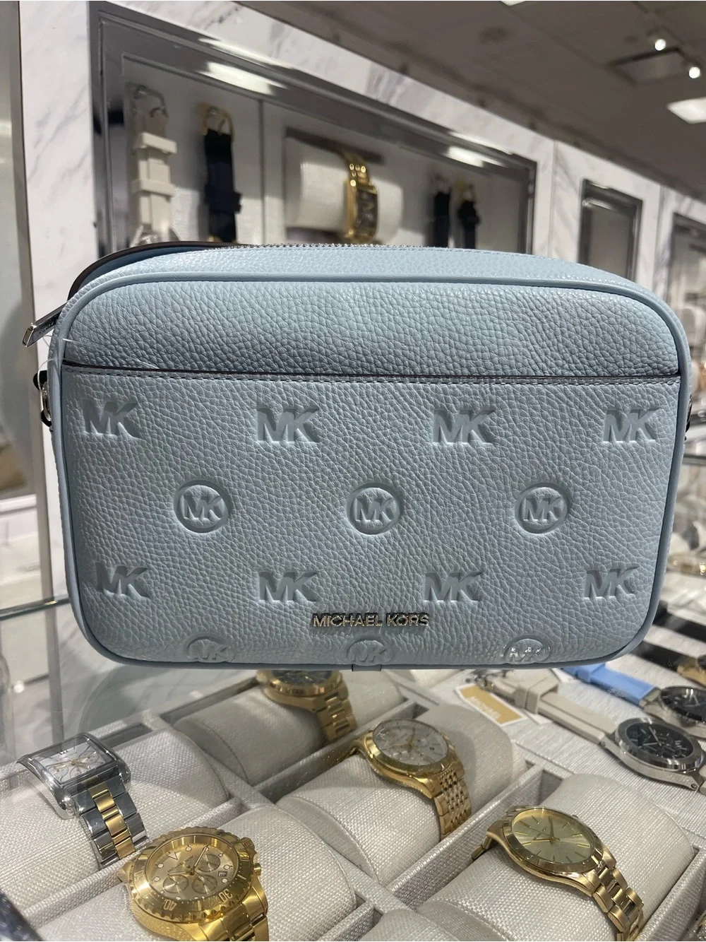 Michael Kors Jet Set Travel Lg Logo Debossed EW Camera Crossbody Pale Ocean NWT